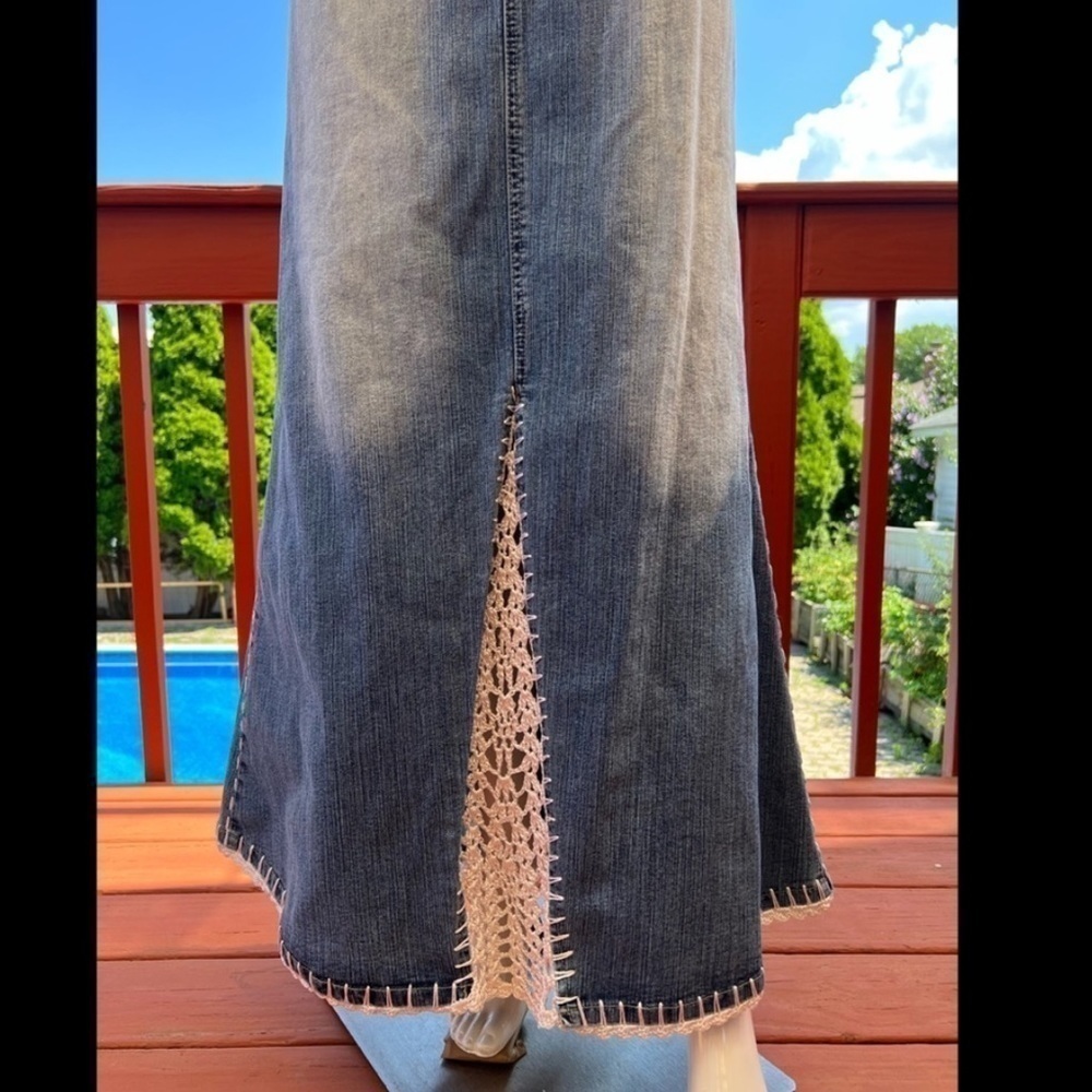 Y2K Crest Jeans,Crochet Panel Denim Mermaid Skirt Boho Western Stretch Size S - Picture 8 of 11